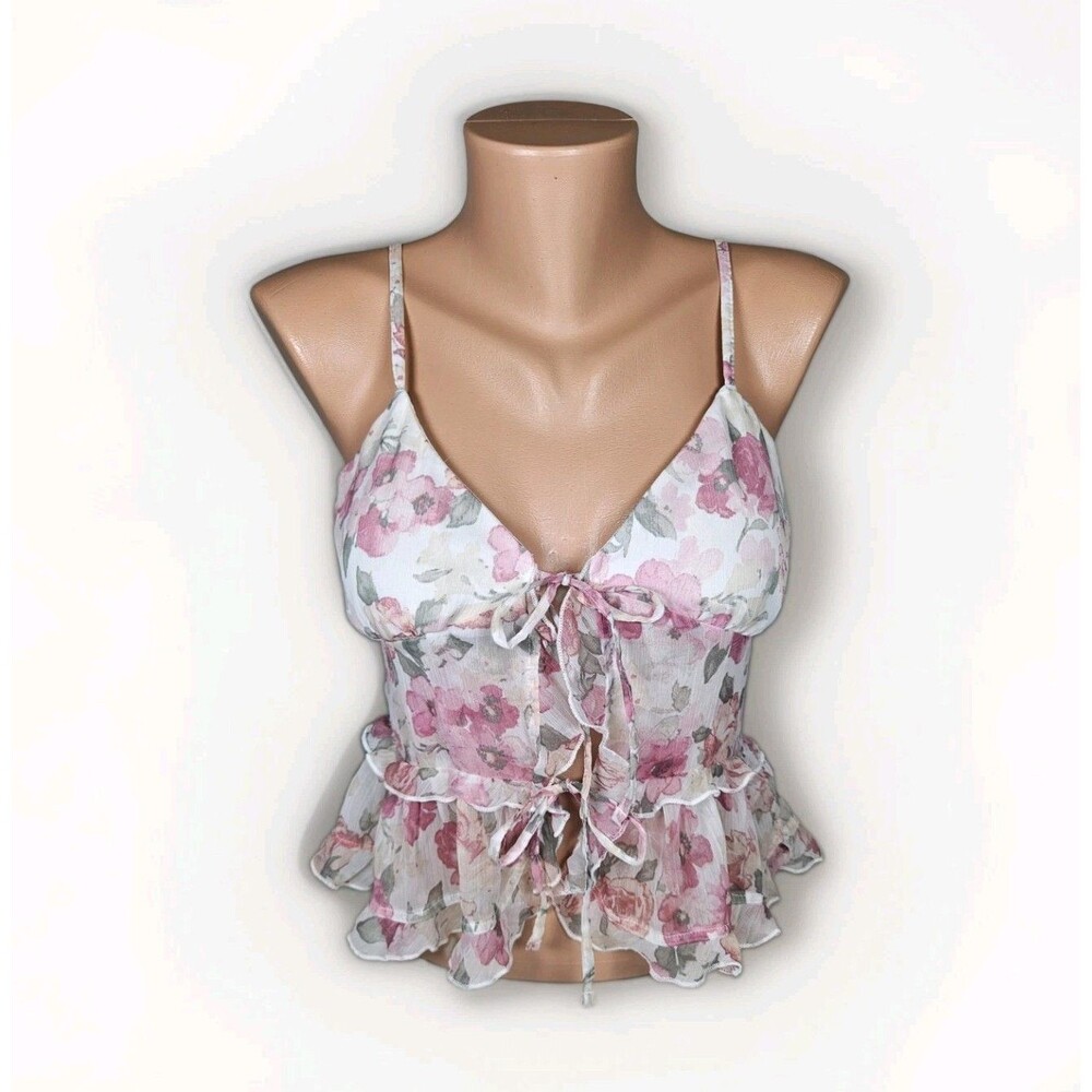 Hollister Babydoll Top Small Chiffon Ruffle Pink Floral Tank Tie Front Cami Y2K